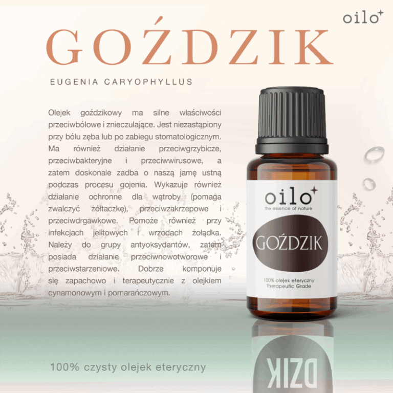 Olejek goździkowy Oilo – grafika z opisem właściwości