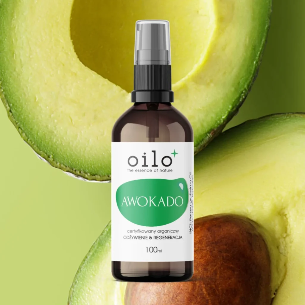 Olej z awokado Oilo 100 ml na przekrojonych owocach awokado