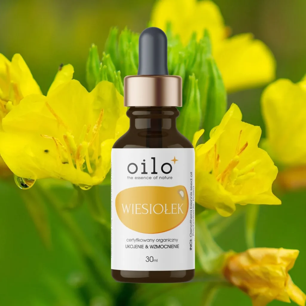 Olej z wiesiołka Oilo 30 ml wśród żółtych kwiatów wiesiołka