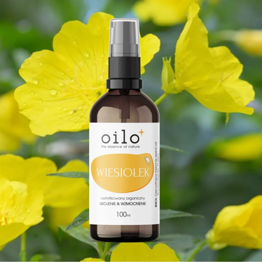Olej z wiesiołka Oilo 100 ml wśród żółtych kwiatów wiesiołka