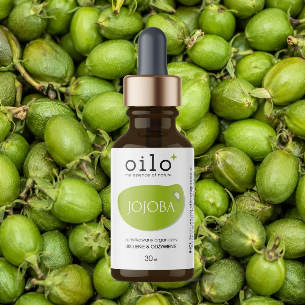 Olej jojoba Oilo 30 ml z zakraplaczem wśród zielonych owoców jojoby