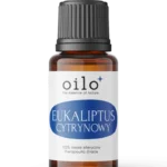 Olejek eukaliptusowy (eukaliptus cytrynowy) — butelka z oznaczeniami certyfikatów na etykiecie