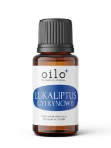Olejek eukaliptusowy (eukaliptus cytrynowy) — butelka z oznaczeniami certyfikatów na etykiecie