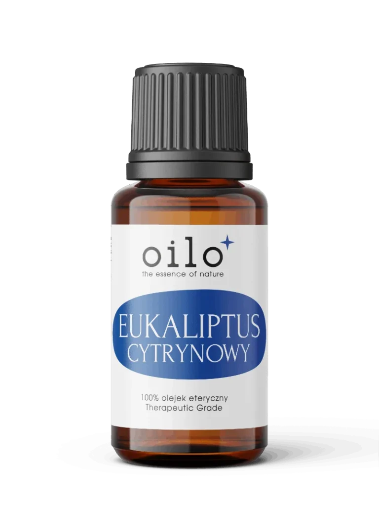 Olejek eukaliptusowy (eukaliptus cytrynowy) — butelka z oznaczeniami certyfikatów na etykiecie