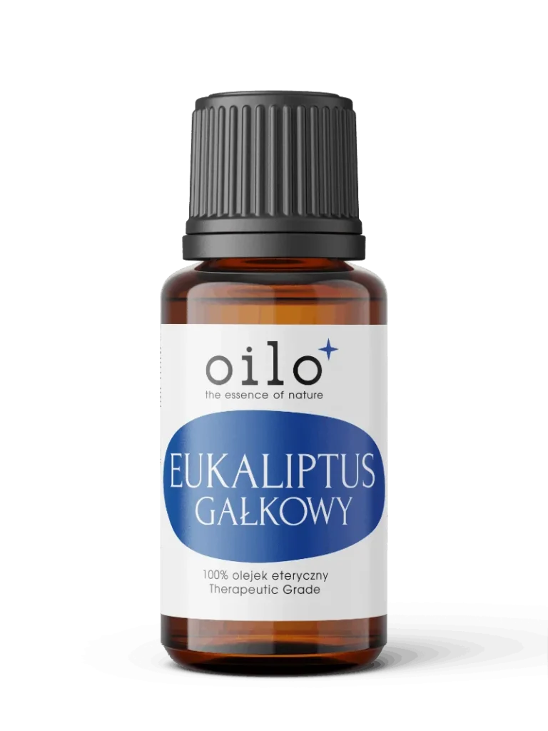Olejek eukaliptusowy (eukaliptus gałkowy) — butelka z oznaczeniami certyfikatów na etykiecie