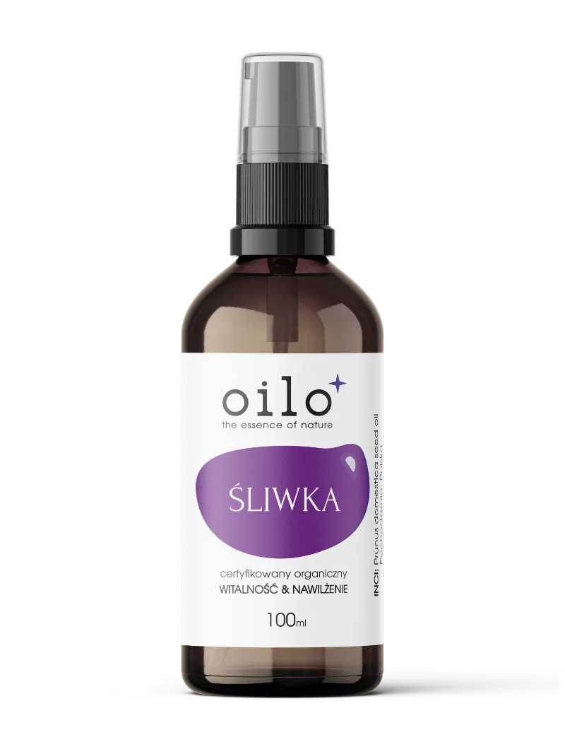 Olej śliwkowy — butelka z przodu, etykieta (ujęcie 3)