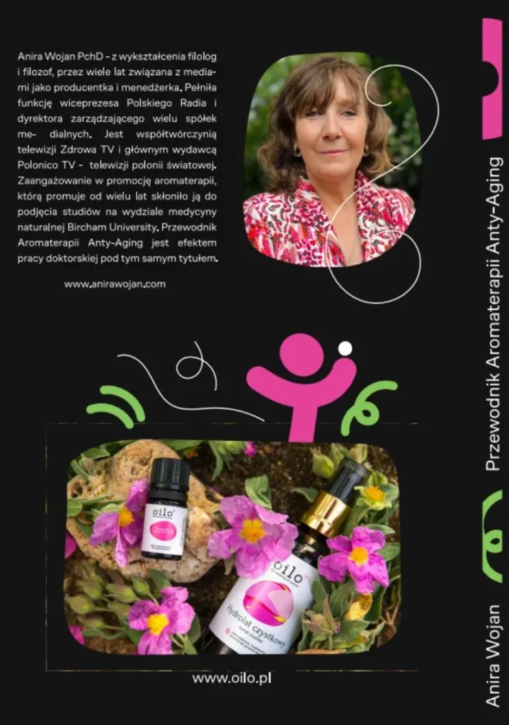 Przewodnik Aromaterapii Anty-Aging – strona z autorką Anirą Wojan i butelką olejku
