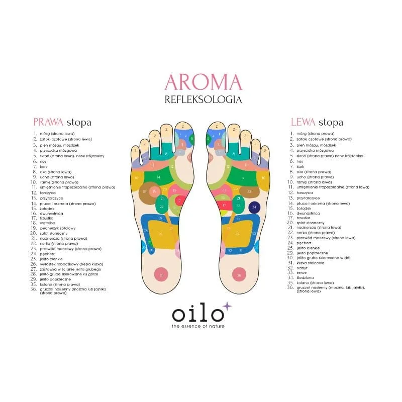 Plansza Aroma Refleksologia – strefy refleksologiczne stóp z opisem