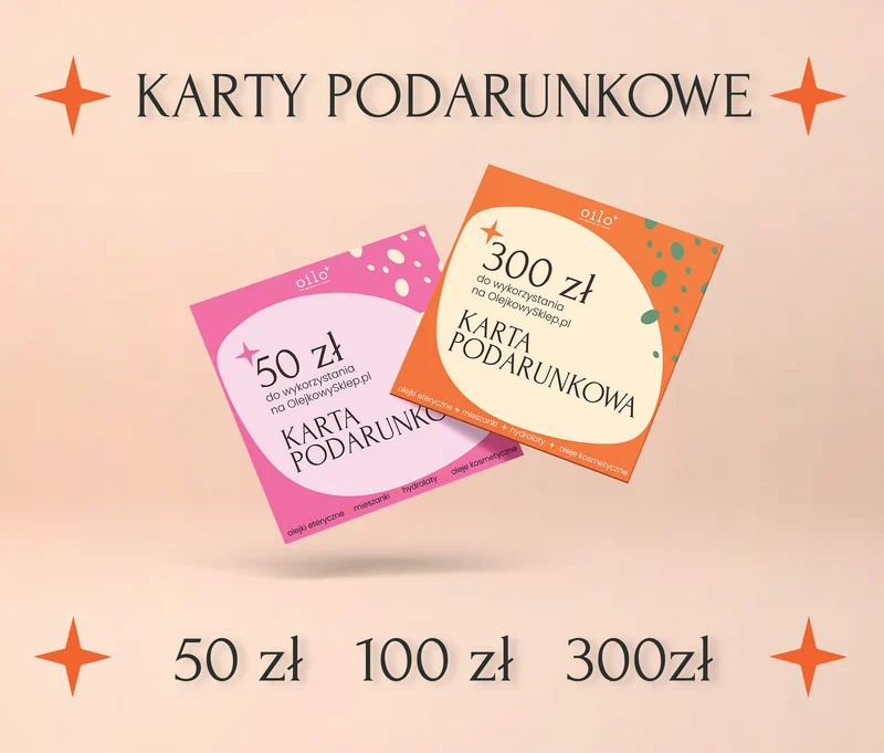 Karty podarunkowe Oilo o wartości 50, 100 i 300 zł – grafika