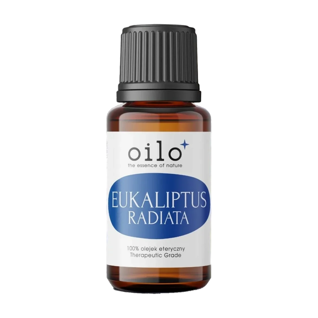 Olejek eukaliptusowy (eukaliptus radiata) — butelka z przodu, etykieta