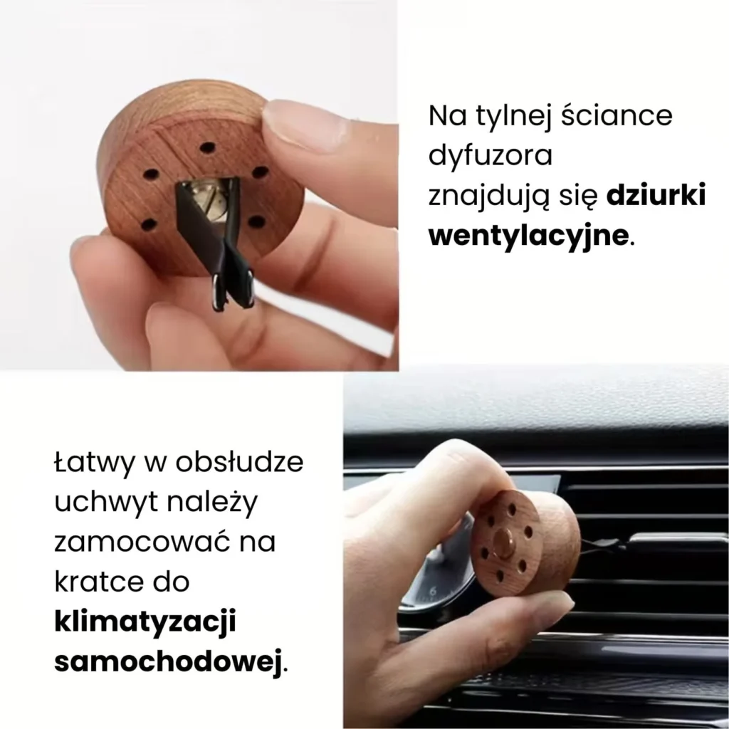 Mocowanie dyfuzora samochodowego do kratki nawiewu – grafika z instrukcją