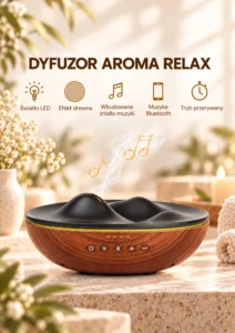 Dyfuzor Aroma Relax – infografika z funkcjami: podświetlenie LED, efekt drewna, muzyka Bluetooth, timer