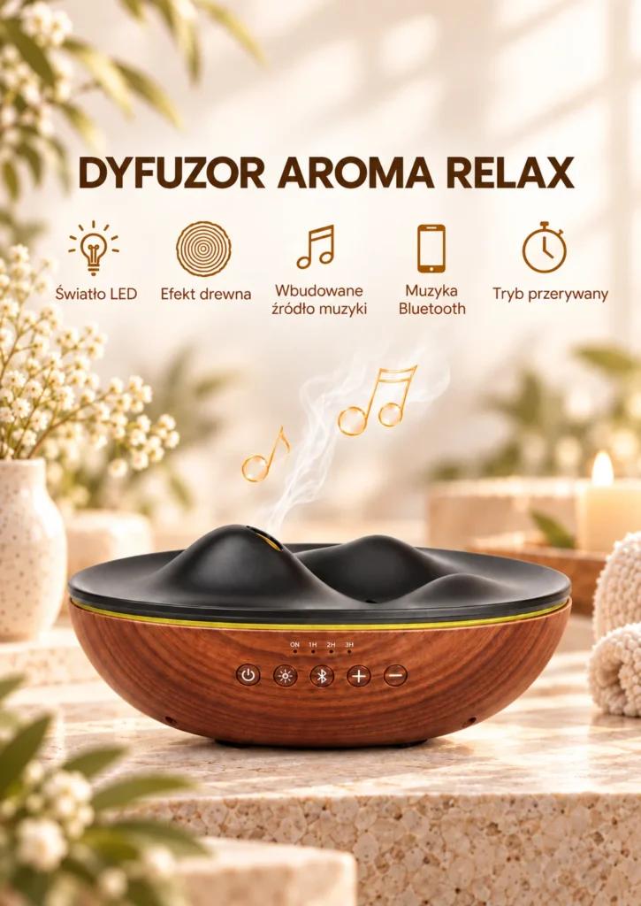 Dyfuzor Aroma Relax – infografika z funkcjami: podświetlenie LED, efekt drewna, muzyka Bluetooth, timer