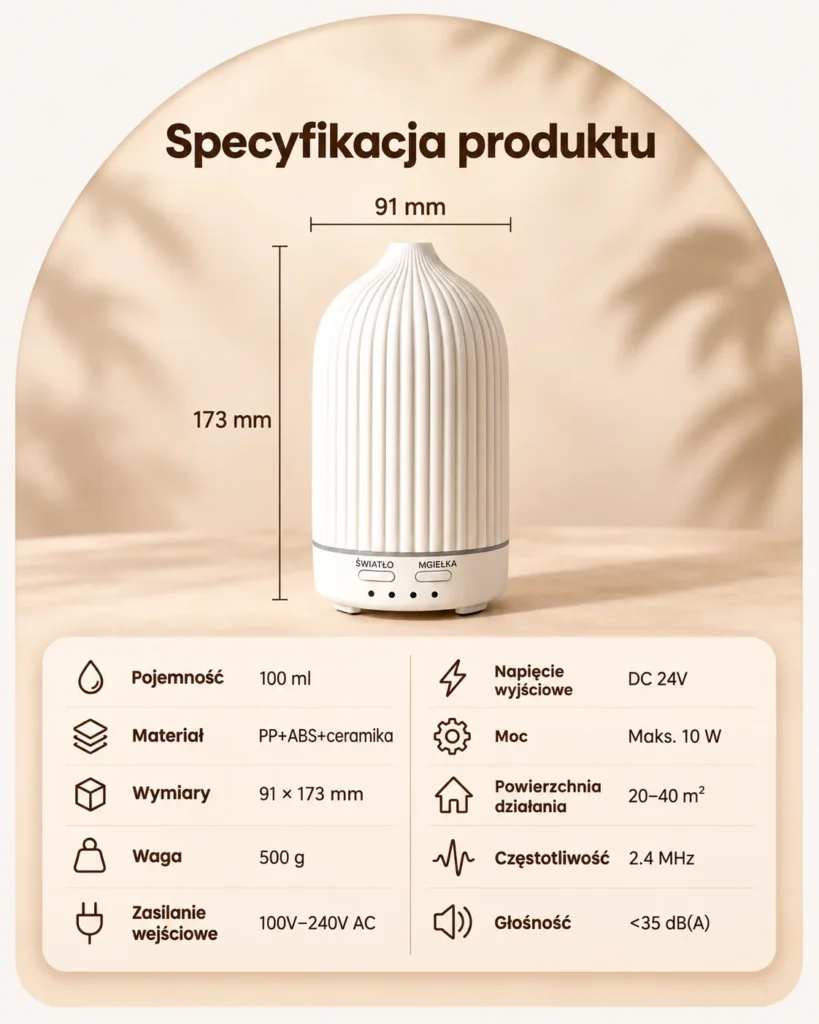 AROMA CERAMIC - ceramiczny dyfuzor ultradźwiękowy do aromaterapii, specyfikacja, wymiary