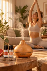 Dyfuzor Aroma SPA z parą, kobieta ćwicząca jogę i dwa olejki w salonie