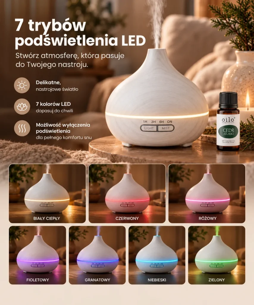 Dyfuzor ultradźwiękowy do aromaterapii AROMA SPA popielaty białe drewno - podświetlenia