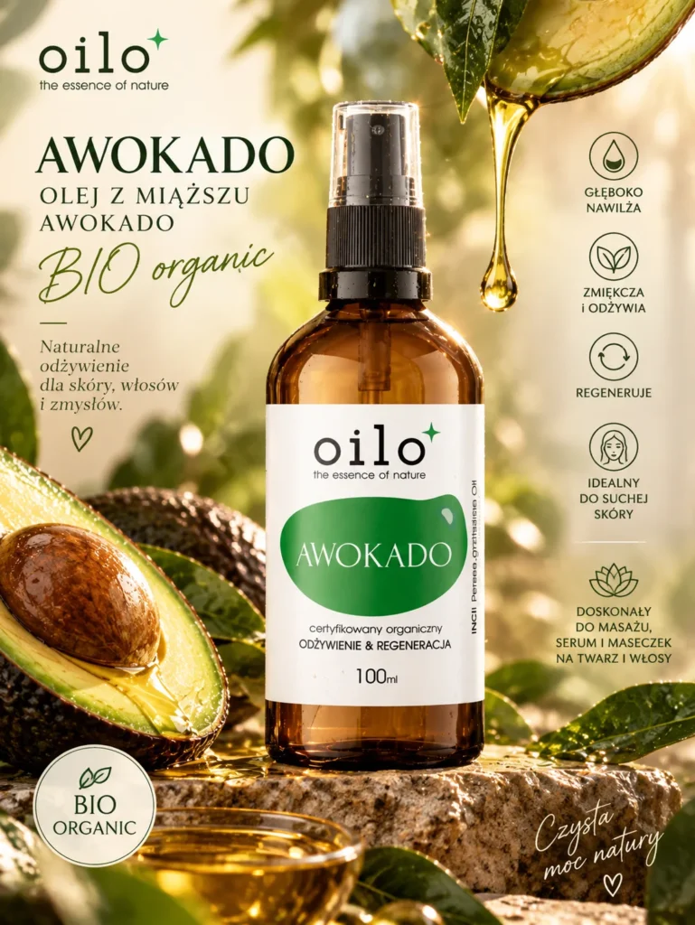 Olej z awokado – grafika „BIO organic” z opisem i owocami awokado