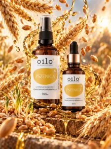 Olej z kiełków pszenicy Oilo 100 ml i 30 ml wśród kłosów i ziaren pszenicy