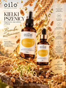 Olej z kiełków pszenicy – grafika „Bomba witaminowa” z opisem