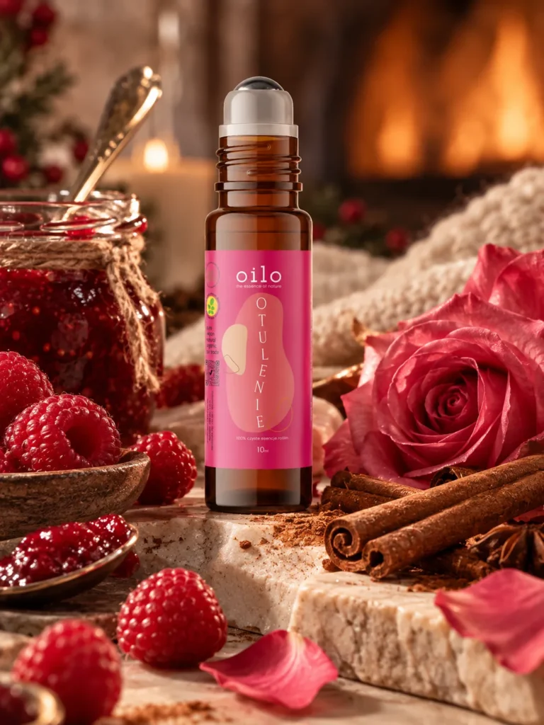 Roll-on Otulenie Oilo 10 ml wśród róż, malin i cynamonu przy słoiku konfitur