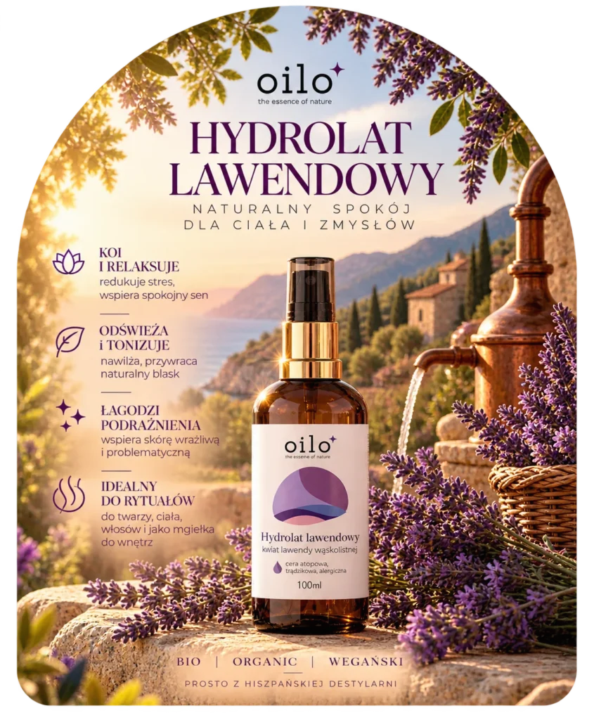 Hydrolat lawendowy – grafika „Naturalny spokój dla ciała i zmysłów” z opisem
