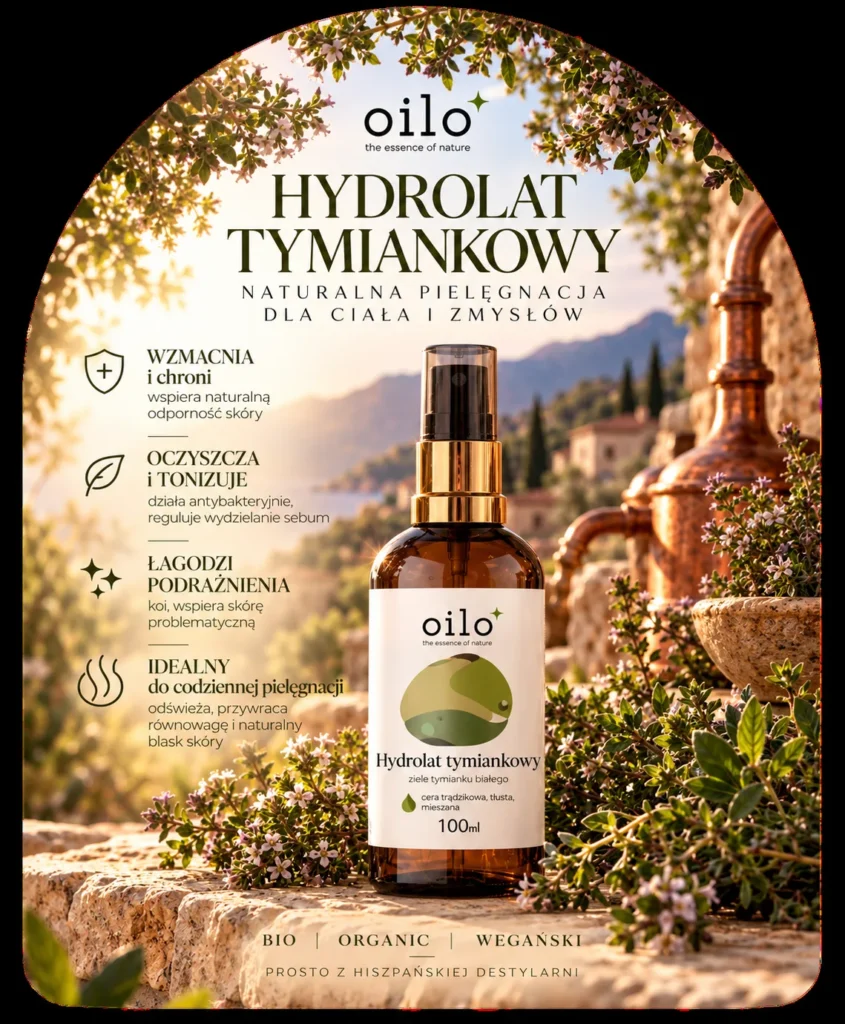 Hydrolat tymiankowy – grafika „Naturalna pielęgnacja dla ciała i zmysłów” z opisem