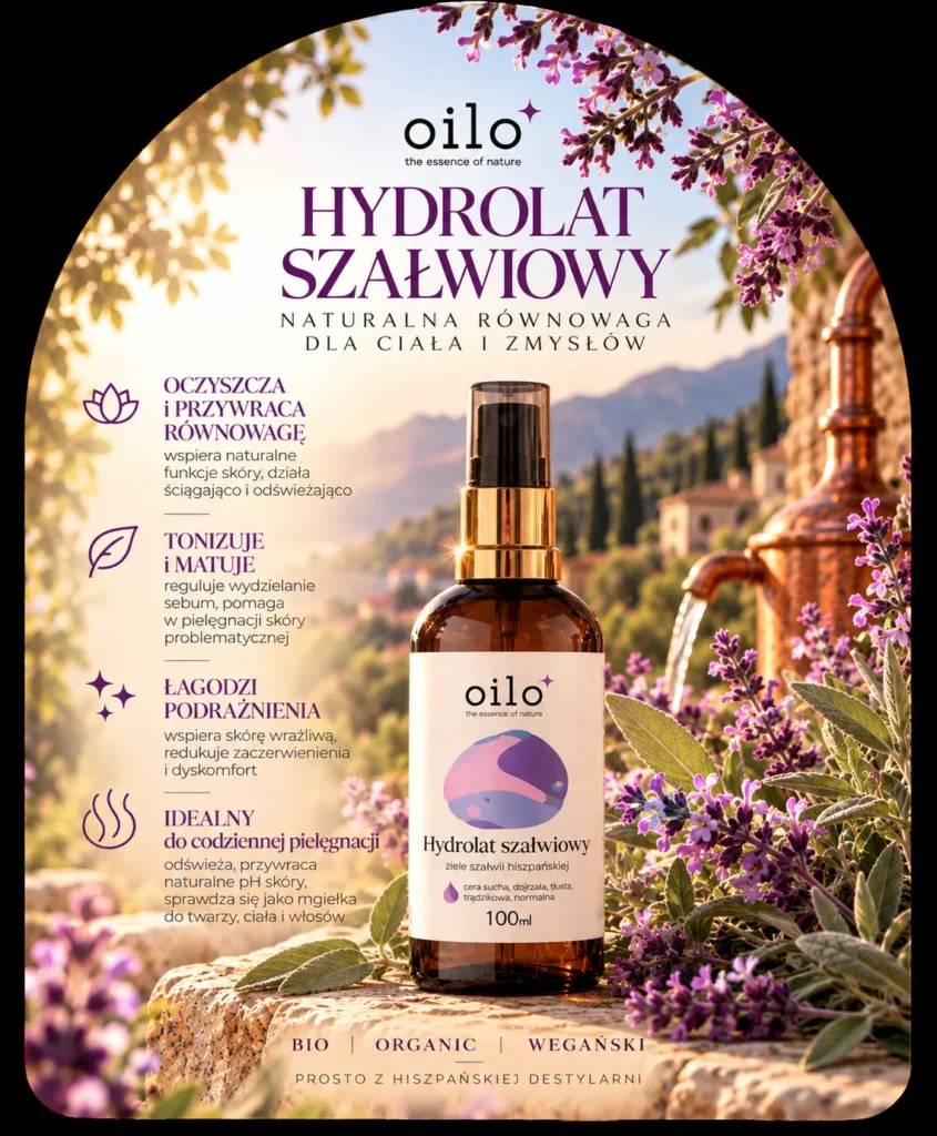 Hydrolat szałwiowy – grafika „Naturalna równowaga dla ciała i zmysłów” z opisem