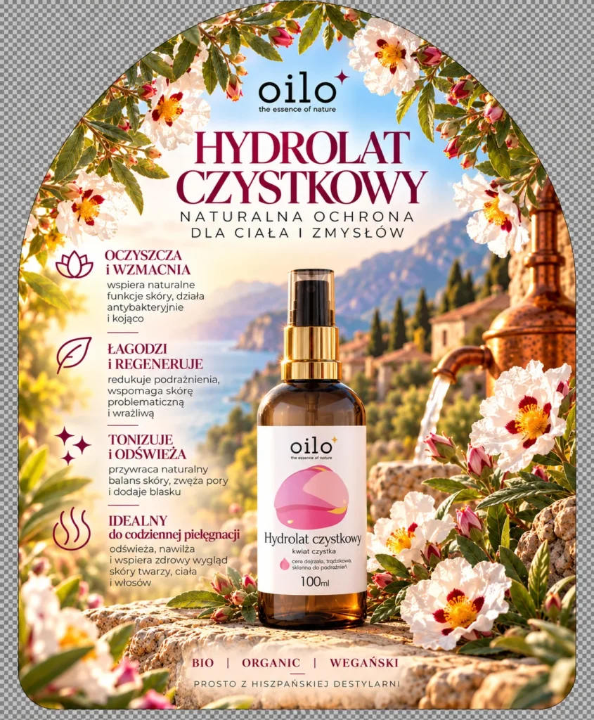 Hydrolat czystkowy – grafika „Naturalna ochrona dla ciała i zmysłów” z opisem
