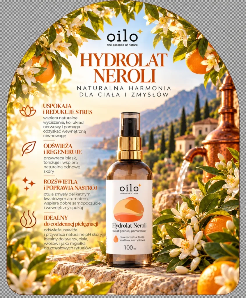 Hydrolat neroli – grafika „Naturalna harmonia dla ciała i zmysłów” z opisem