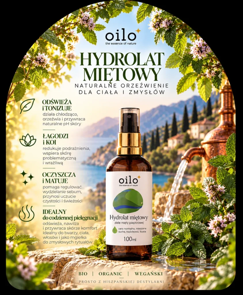 Hydrolat miętowy – grafika „Naturalne orzeźwienie dla ciała i zmysłów” z opisem