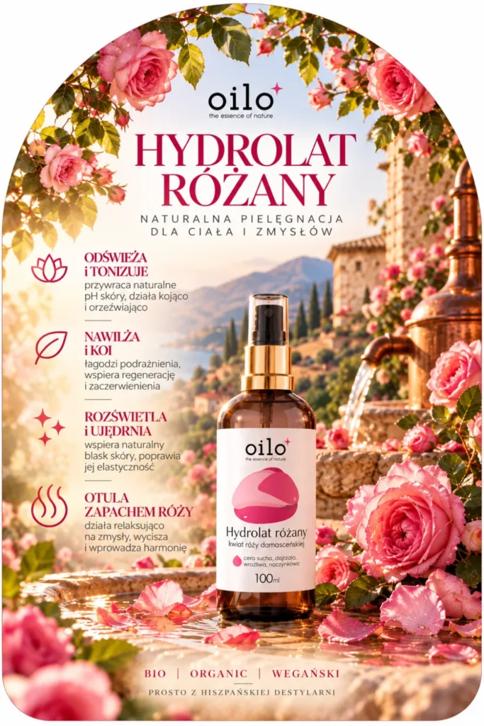Hydrolat różany – grafika „Naturalna pielęgnacja dla ciała i zmysłów” z opisem