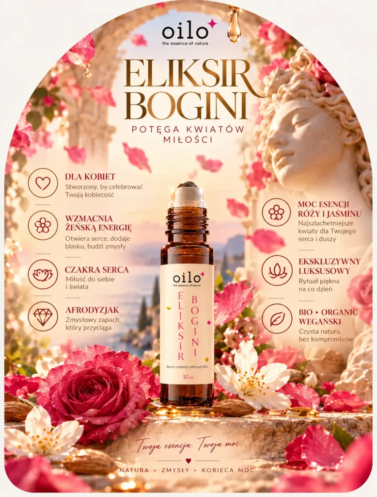 Roll-on Eliksir Bogini – grafika „Potęga kwiatów miłości” z opisem