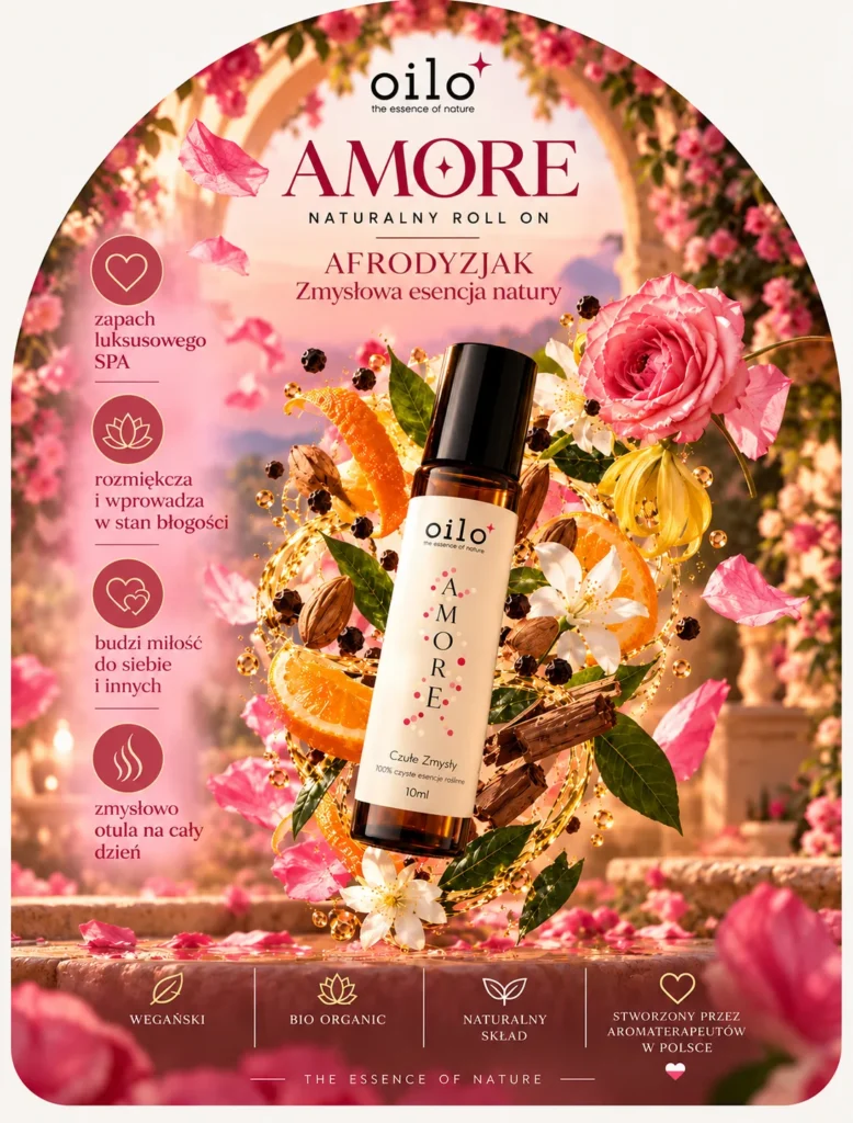 Roll-on Amore Oilo – grafika z opisem afrodyzjaku wśród kwiatów