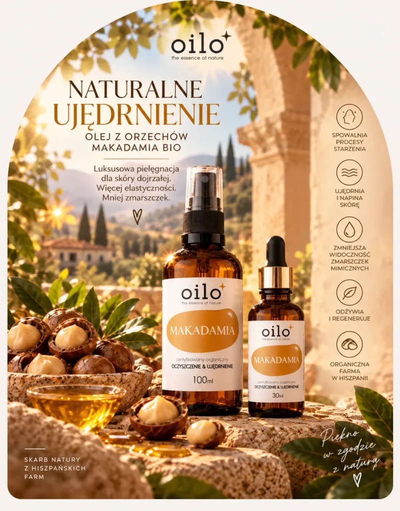 Olej makadamia – grafika „Naturalne ujędrnienie” z butelkami 100 ml i 30 ml wśród orzechów