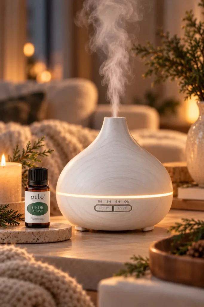 Dyfuzor ultradźwiękowy do aromaterapii AROMA SPA popielaty białe drewno - w domu z olejkiem edrowym, wieczorem