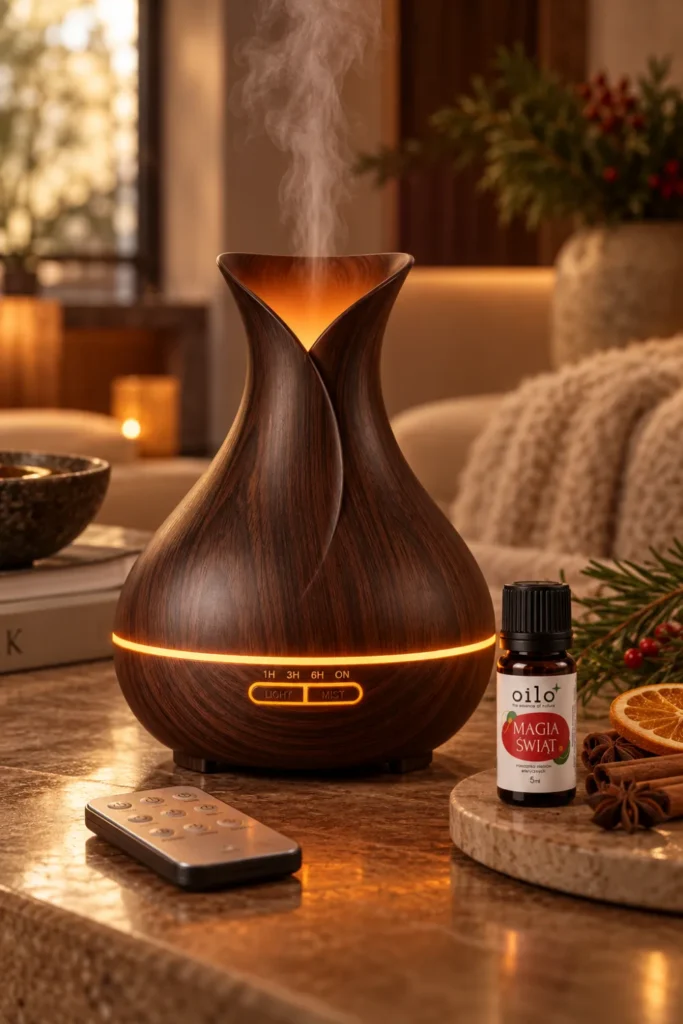 Dyfuzor ultradźwiękowy do aromaterapii Aroma Tulipan w kolorze ciemnego drewna w kształcie tulipana – użycie w domu