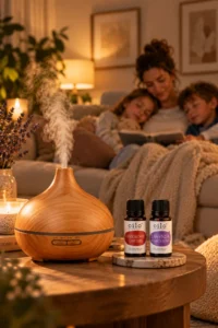 Dyfuzor Aroma SPA i olejki wieczorem, matka czyta dzieciom na kanapie