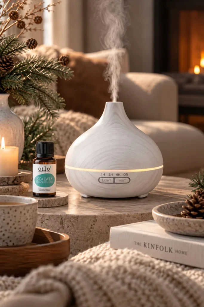Dyfuzor ultradźwiękowy do aromaterapii AROMA SPA popielaty białe drewno - w domu z olejkiem szałwiowym
