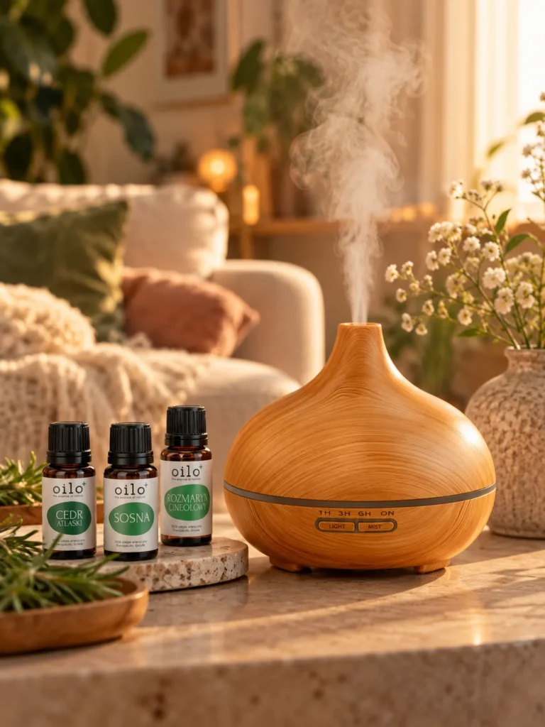 Dyfuzor Aroma SPA z parą i trzema olejkami na stoliku obok kwiatów