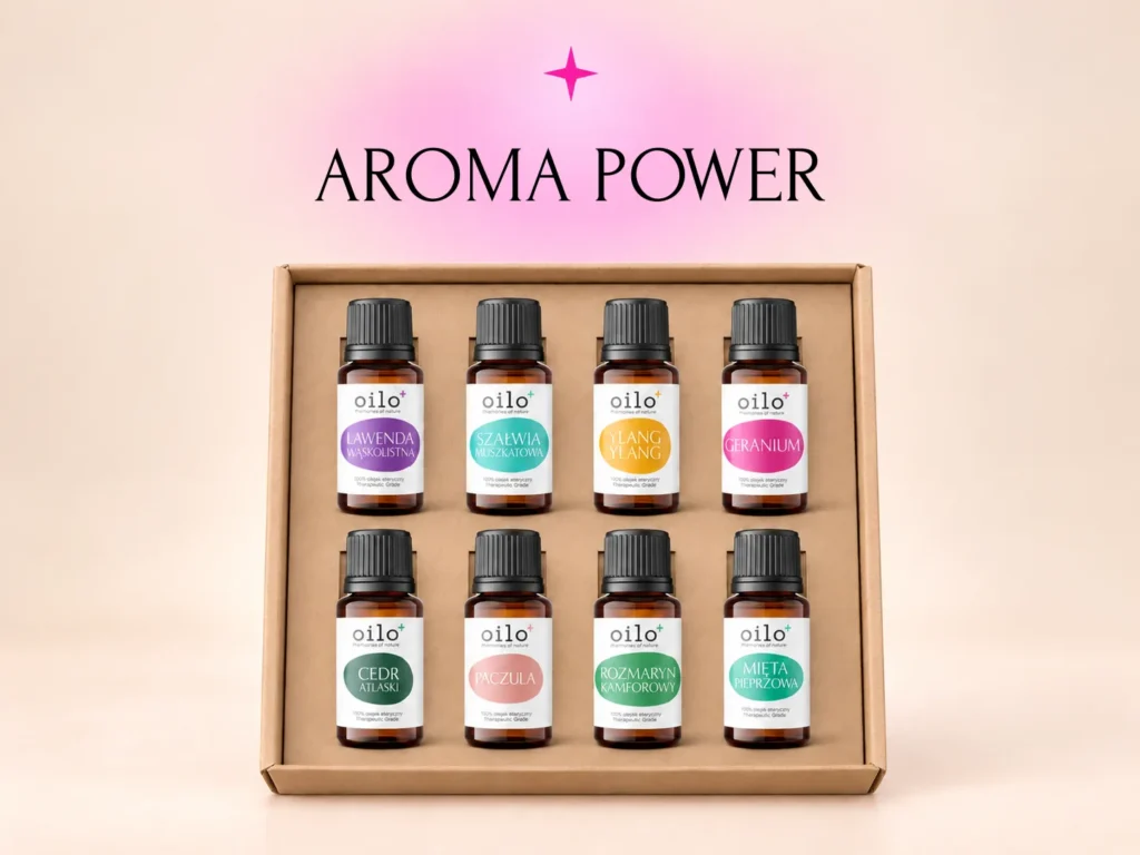 Aroma Power – zestaw 8 olejków eterycznych do masażu w kartonowym pudełku