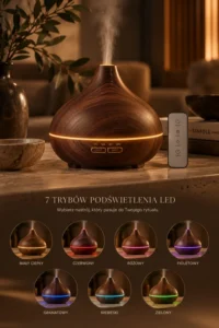 Dyfuzor ultradźwiękowy do aromaterapii AROMA SPA ciemny dąb w użyciu z pilotem