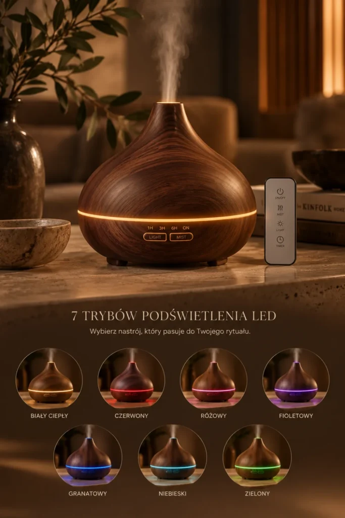 Dyfuzor ultradźwiękowy do aromaterapii AROMA SPA ciemny dąb w użyciu z pilotem