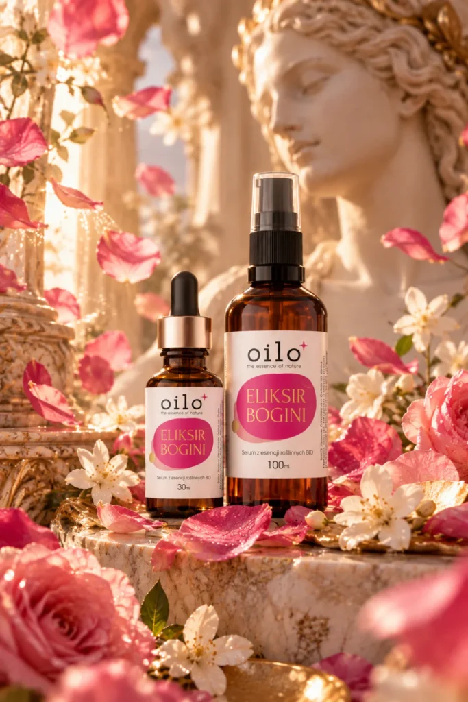 Serum Eliksir Bogini 30 ml i 100 ml wśród płatków róż i jaśminu