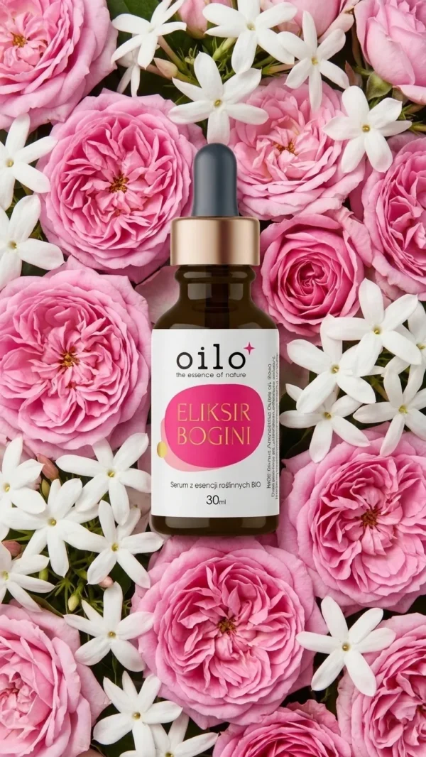 Serum Eliksir Bogini 30 ml na tle różowych róż i białych kwiatów jaśminu