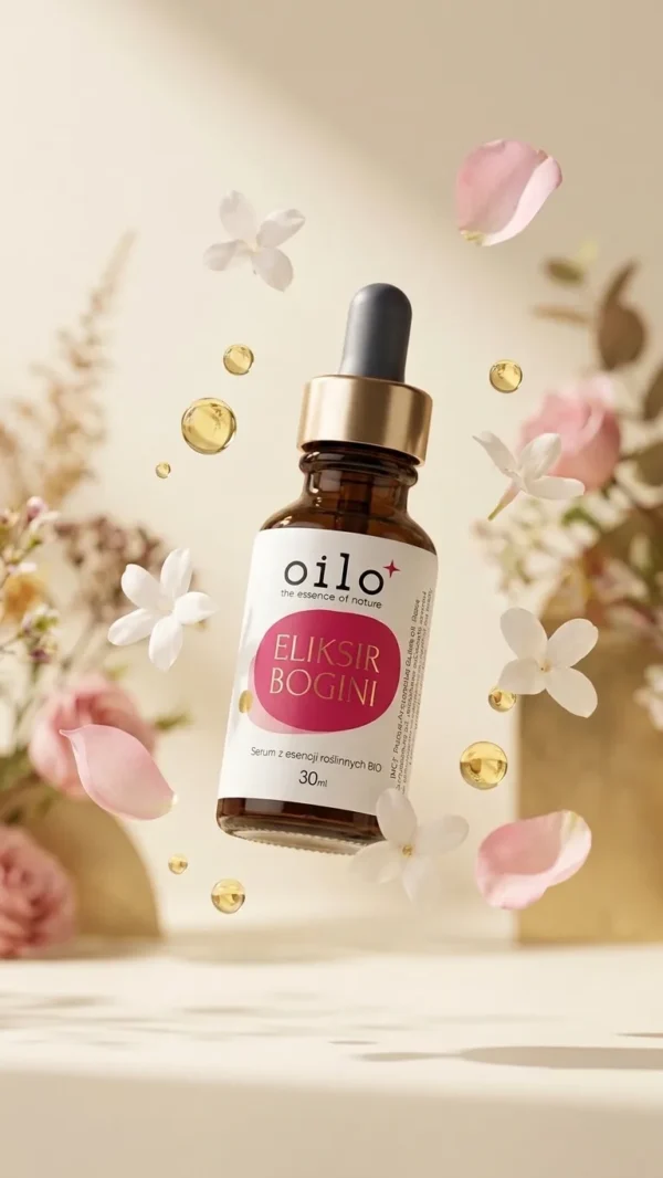 Serum Eliksir Bogini 30 ml ze złotymi kroplami i płatkami kwiatów – aranżacja