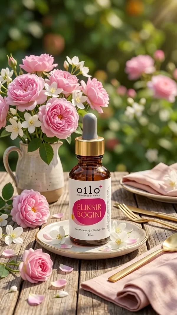 Serum Eliksir Bogini 30 ml wśród bukietu róż na stole