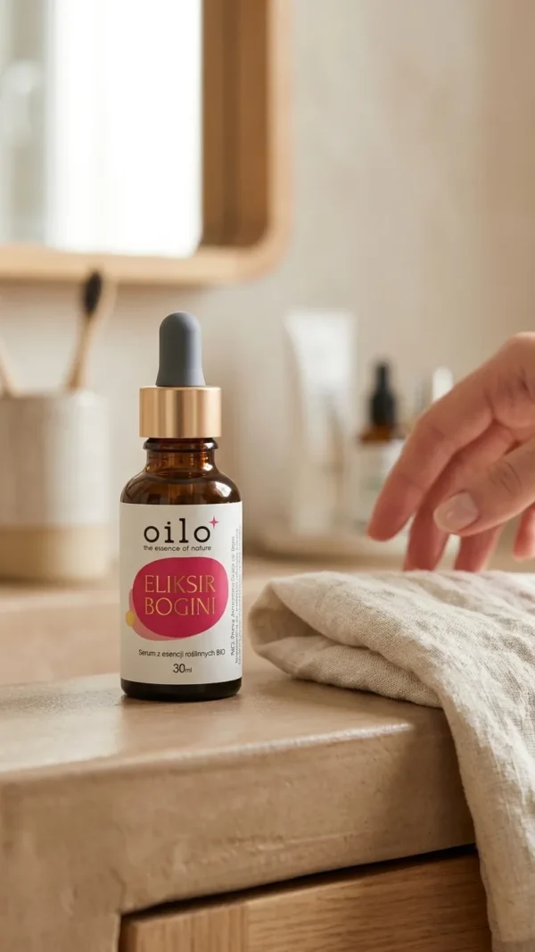Serum Eliksir Bogini 30 ml na jasnym blacie obok ręcznika i dłoni