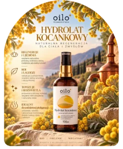 Hydrolat kocankowy – grafika „Naturalna regeneracja dla ciała i zmysłów” z opisem