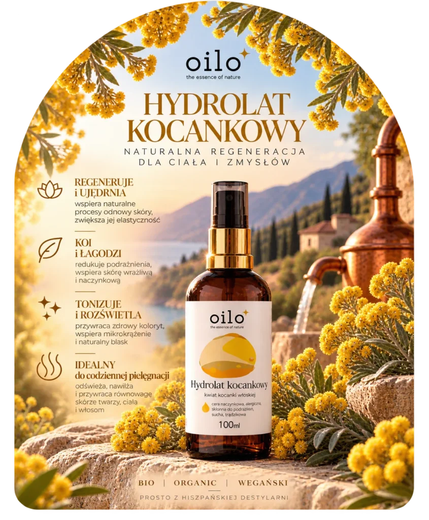 Hydrolat kocankowy – grafika „Naturalna regeneracja dla ciała i zmysłów” z opisem