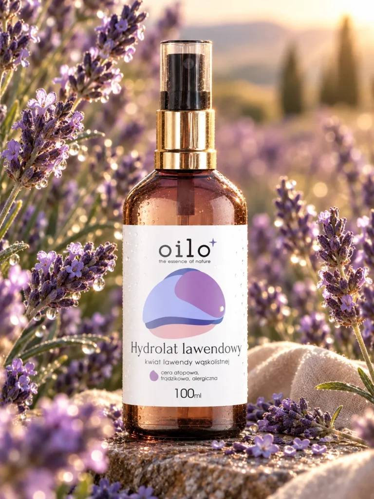 Hydrolat lawendowy 100 ml na polu lawendy w świetle zachodu słońca